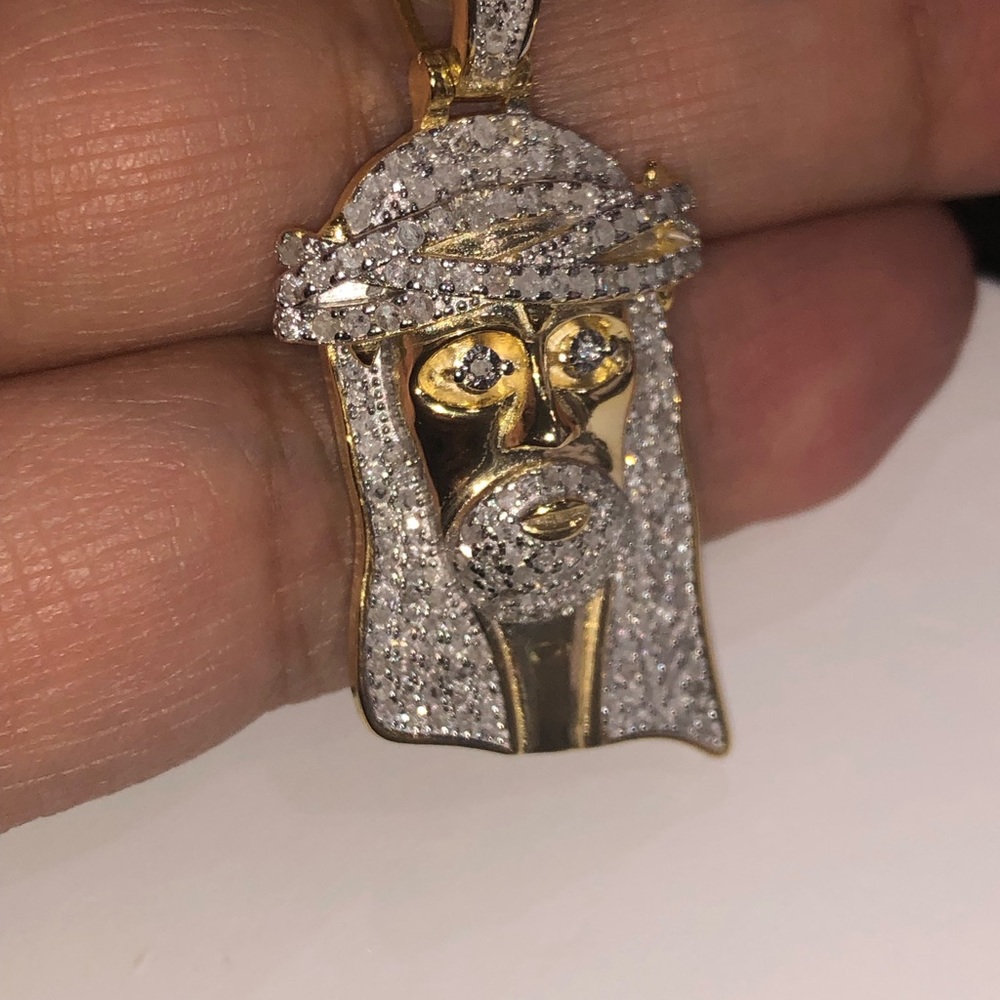 Real diamond Jesus head pendant for men, not c not moissanite, 10k gold vermeil - Picture 5 of 9